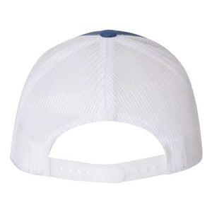 A YP Classics Six-Panel Retro Trucker Snapback Hat 6606 - Custom Leather Patch Hat | No Minimals | Volume Tiered Pricing with a snapback closure, made with polyester/cotton material, placed on a white background.