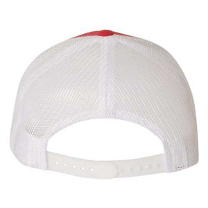 Back view of the YP Classics Six-Panel Retro Trucker Snapback Hat 6606 in white mesh, showcasing a striking red top panel and a convenient snapback closure for easy adjustment.