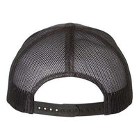 A YP Classics black mesh trucker hat with a camo pattern, specifically the Yupoong Classics Six-Panel Retro Trucker Snapback Hat 6606 featuring a custom embroidered design, is shown from the back to emphasize its adjustable snapback closure.