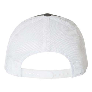 Back view of a YP Classics white mesh panel cap featuring a camo pattern with an adjustable snapback closure, from the Yupoong Classics Six-Panel Retro Trucker Snapback Hat 6606 collection.