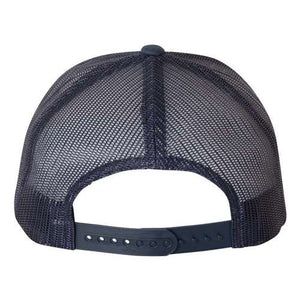 The back of a YP Classics navy mesh trucker hat with a snapback closure.