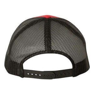 A YP Classics Six-Panel Retro Trucker Snapback Hat 6606 - Custom Leather Patch Hat | No Minimals | Volume Tiered Pricing with a snapback closure on a white background.