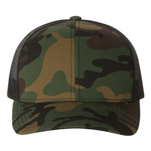 Yupoong Classics Six-Panel Retro Trucker Snapback Hat 6606 by YP Classics features a camo-patterned design, a sleek black mesh back, and a convenient snapback closure.
