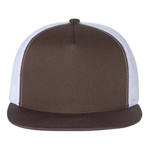 A YP Classics brown and white trucker hat on a white background, made of polyester/cotton.