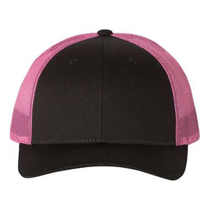 A Richardson 115 Low Pro Snapback Trucker Cap with snapback closure in black and pink, set against a white background.