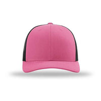 A structured pink and black Richardson 115 Low Pro Snapback Trucker Cap with a snapback closure on a white background.