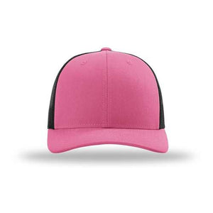 A structured pink and black Richardson 115 Low Pro Snapback Trucker Cap with a snapback closure on a white background.