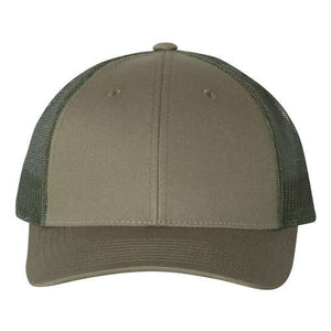 A structured green Richardson 115 Low Pro Snapback Trucker Cap with a snapback closure on a white background.