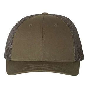 A structured Richardson trucker hat with a mesh back in a cotton/polyester blend material.
