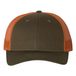 A Richardson 115 Low Pro Snapback Trucker Cap in brown and orange, featuring a snapback closure, on a white background.