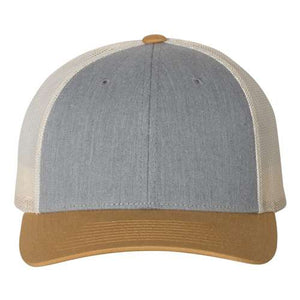 A Richardson 115 Low Pro snapback trucker cap in grey and tan with snapback closure, made of a cotton/polyester blend, set against a white background.