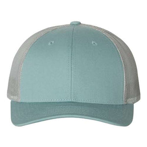 A light blue Richardson 115 Low Pro Snapback Trucker Cap with a mesh back and snapback closure.