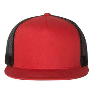 A red and black YP Classics trucker hat made of polyester/cotton on a white background.