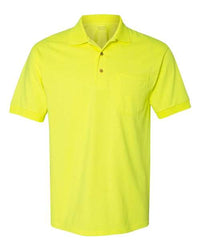The Gildan DryBlend Jersey Pocket Safety Polo features a bright yellow color, short sleeves, collar, buttoned placket, and a small left chest pocket. Ideal for custom embroidery in bulk orders, it delivers both comfort and quality.