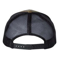 Back view of a YP Classics Yupoong Classics Six-Panel Retro Trucker Snapback Hat 6606, showcasing an adjustable snapback closure and a camo mesh design.