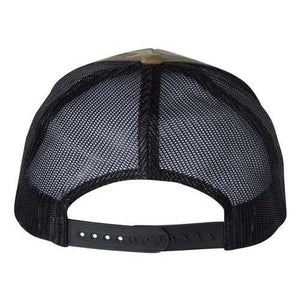 Back view of a YP Classics Yupoong Classics Six-Panel Retro Trucker Snapback Hat 6606, showcasing an adjustable snapback closure and a camo mesh design.