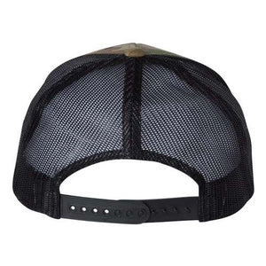 A YP Classics Six-Panel Retro Trucker Snapback Hat 6606 - Custom Leather Patch Hat | No Minimals | Volume Tiered Pricing with snapback closure, on a white background.