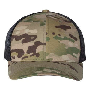 The YP Classics Yupoong Classics Six-Panel Retro Trucker Snapback Hat 6606 boasts a camo design with a black mesh back, a classic curved brim, and a convenient snapback closure.