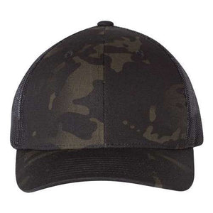 The YP Classics Yupoong Classics Six-Panel Retro Trucker Snapback Hat 6606 is a custom embroidered hat, showcasing a camo design with a curved brim, snapback closure, and complemented by a breathable mesh back.