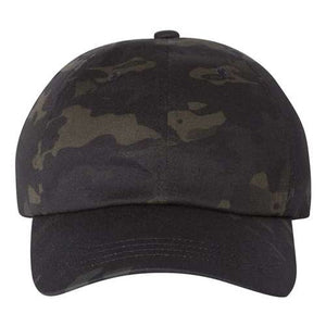 A black camouflage baseball cap on a white background featuring Multicam pattern by YP Classics.