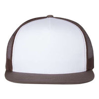 A YP Classics white trucker hat with brown accents, laying on a white background.