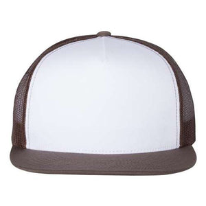 A YP Classics white trucker hat with brown accents, laying on a white background.