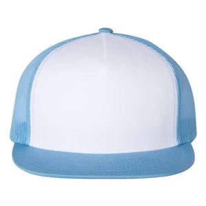 A blue and white Yupoong Classics 5089M Five-Panel Classic Trucker Cap on a white background made of polyester/cotton.