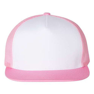 A pink and white YP Classics 5089M Five-Panel Classic Trucker Cap on a white background, made of polyester/cotton.