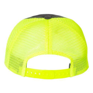 A yellow Richardson 111 Garment-Washed Snapback Trucker hat on a white background.