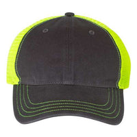 A Richardson 111 Garment-Washed Snapback Trucker Hat in black and neon colors.
