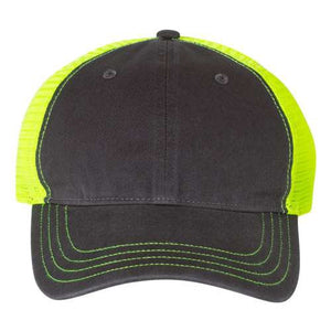 A Richardson 111 Garment-Washed Snapback Trucker Hat in black and neon colors.