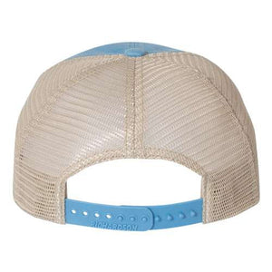 A beige and blue Richardson 111 Garment-Washed Snapback Trucker Hat with mesh on a white background.