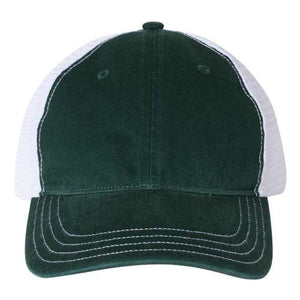 A green and white Richardson trucker hat with mesh on a white background.