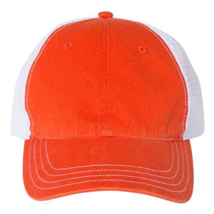 An orange and white Richardson 111 Garment-Washed Snapback Trucker Hat on a white background.