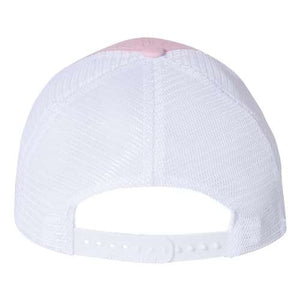 A pink and white Richardson 111 Garment-Washed Snapback Trucker Hat made of cotton mesh on a white background.
