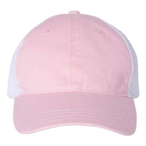 An image of a pink Richardson 111 Garment-Washed Snapback Trucker hat with white mesh.
