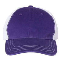 An image of a Richardson 111 Garment-Washed Snapback Trucker Hat in purple and white mesh.
