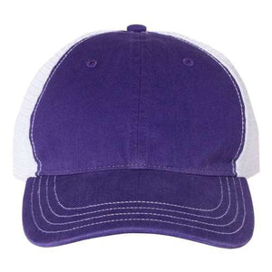 An image of a Richardson 111 Garment-Washed Snapback Trucker Hat in purple and white mesh.
