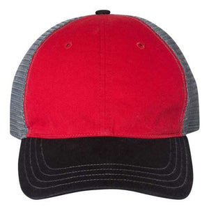 A red and black Richardson 111 Garment-Washed Snapback Trucker Hat on a white background.