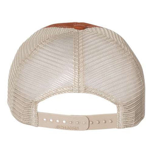 A Richardson 111 Garment-Washed Snapback Trucker Hat on a white background made of cotton.