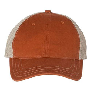An orange Richardson 111 Garment-Washed Snapback Trucker Hat with a tan mesh design on a white background.