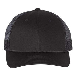 A structured black Richardson 115 Low Pro Snapback Trucker Cap with a snapback closure on a white background.