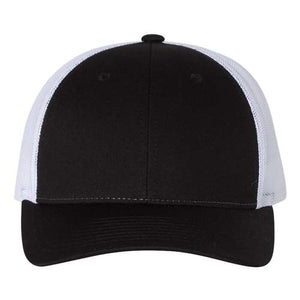 A Richardson 115 Low Pro Snapback Trucker Cap with a snapback closure on a white background.