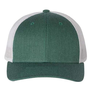 A Richardson 115 Low Pro Snapback Trucker Cap in green and white, featuring a snapback closure, on a white background.