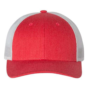 A front view of the Richardson 115 Low Pro Snapback Trucker Cap, featuring a custom leather patch with no minimums, showcases a six-panel design in red and white with a polyester mesh back and convenient snapback closure.