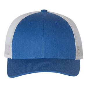 A Richardson 115 Low Pro Snapback Trucker Cap in a blue and white cotton/polyester blend.