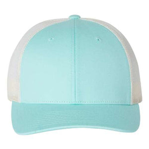 A Richardson 115 Low Pro Snapback Trucker Cap with white mesh, made from a cotton/polyester blend fabric and featuring a snapback closure.