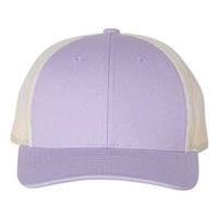 A structured purple and white Richardson 115 Low Pro Snapback Trucker Cap with a snapback closure.