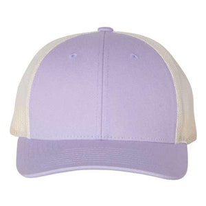A structured purple and white Richardson 115 Low Pro Snapback Trucker Cap with a snapback closure.