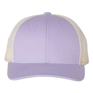 A structured purple and white Richardson 115 Low Pro Snapback Trucker Cap with a snapback closure.